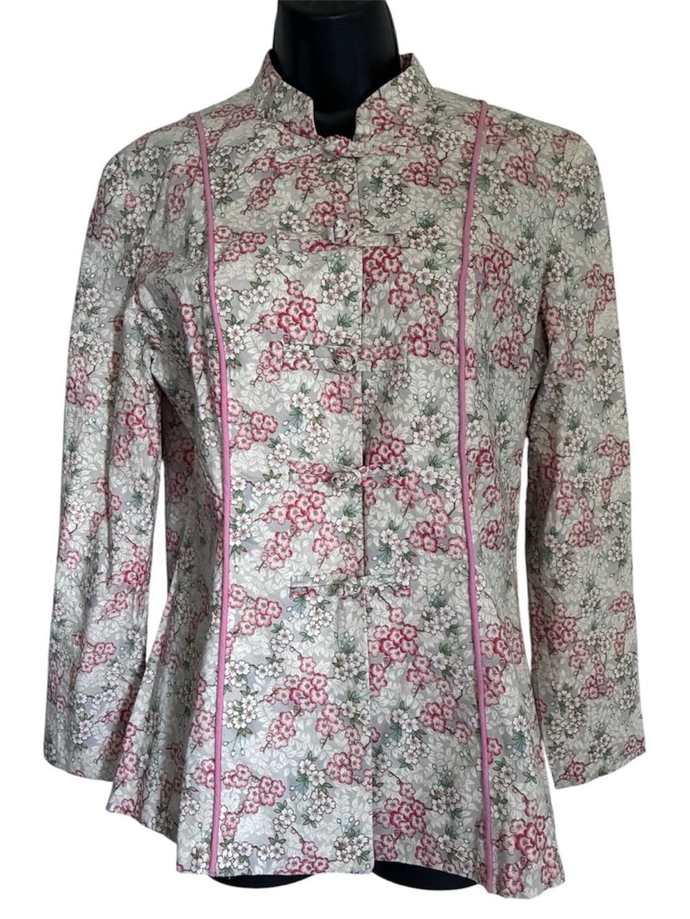 Handmade Asian Inspired Cotton Boho Folk Floral Pink Mandarin Collar Shirt Sz M